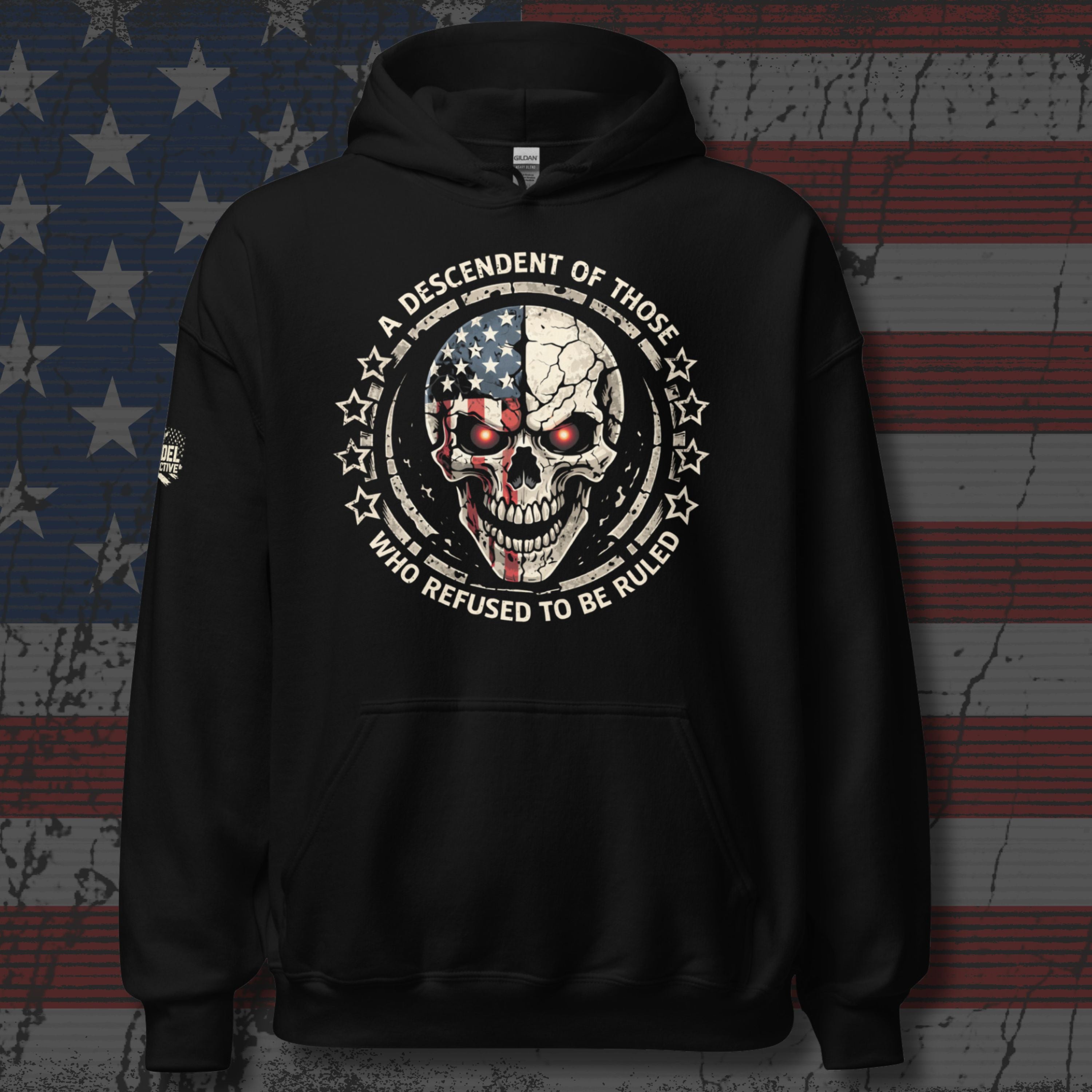 Black hoodie with skull design and text on an American flag background