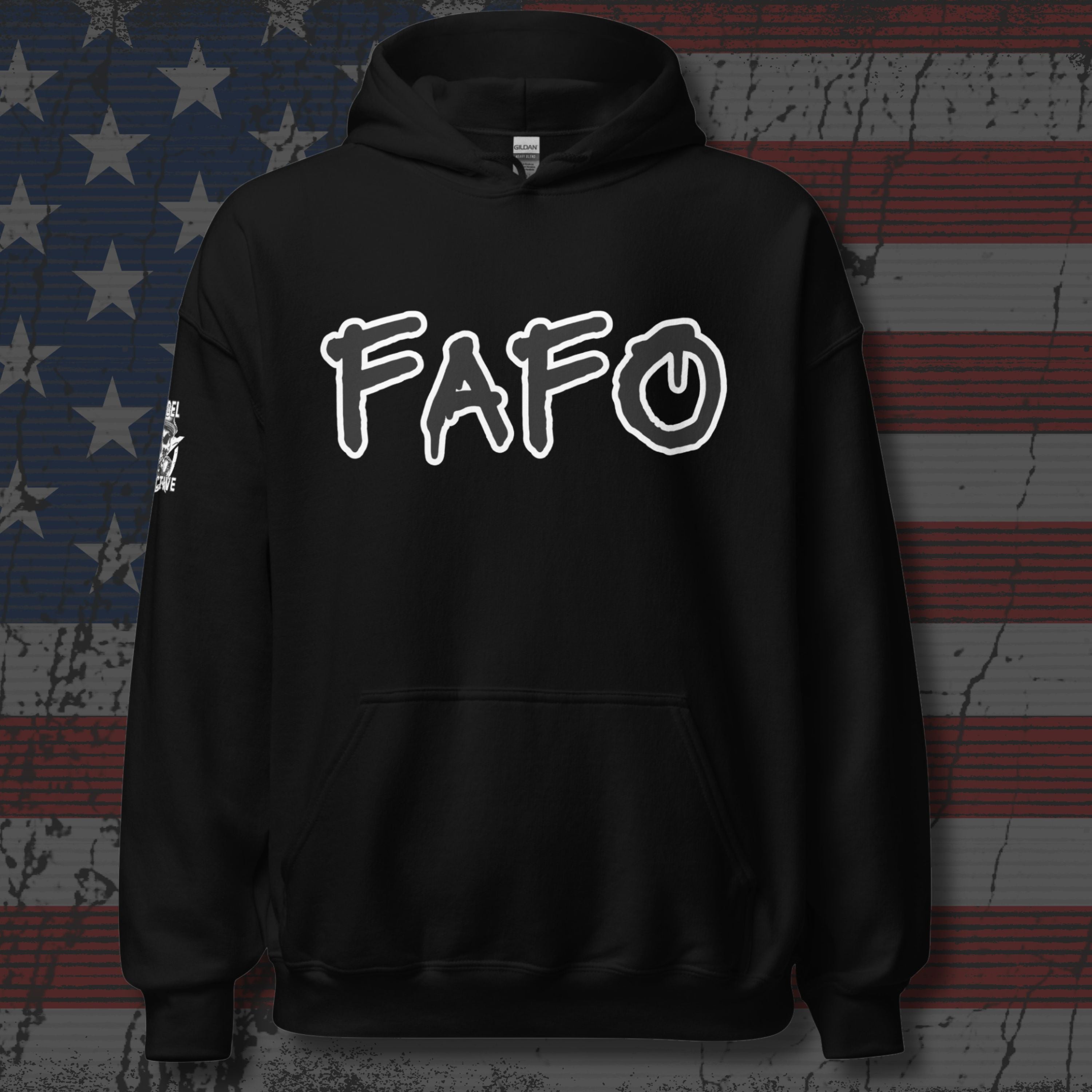 Black hoodie with 'FAFO' logo on a textured American flag background