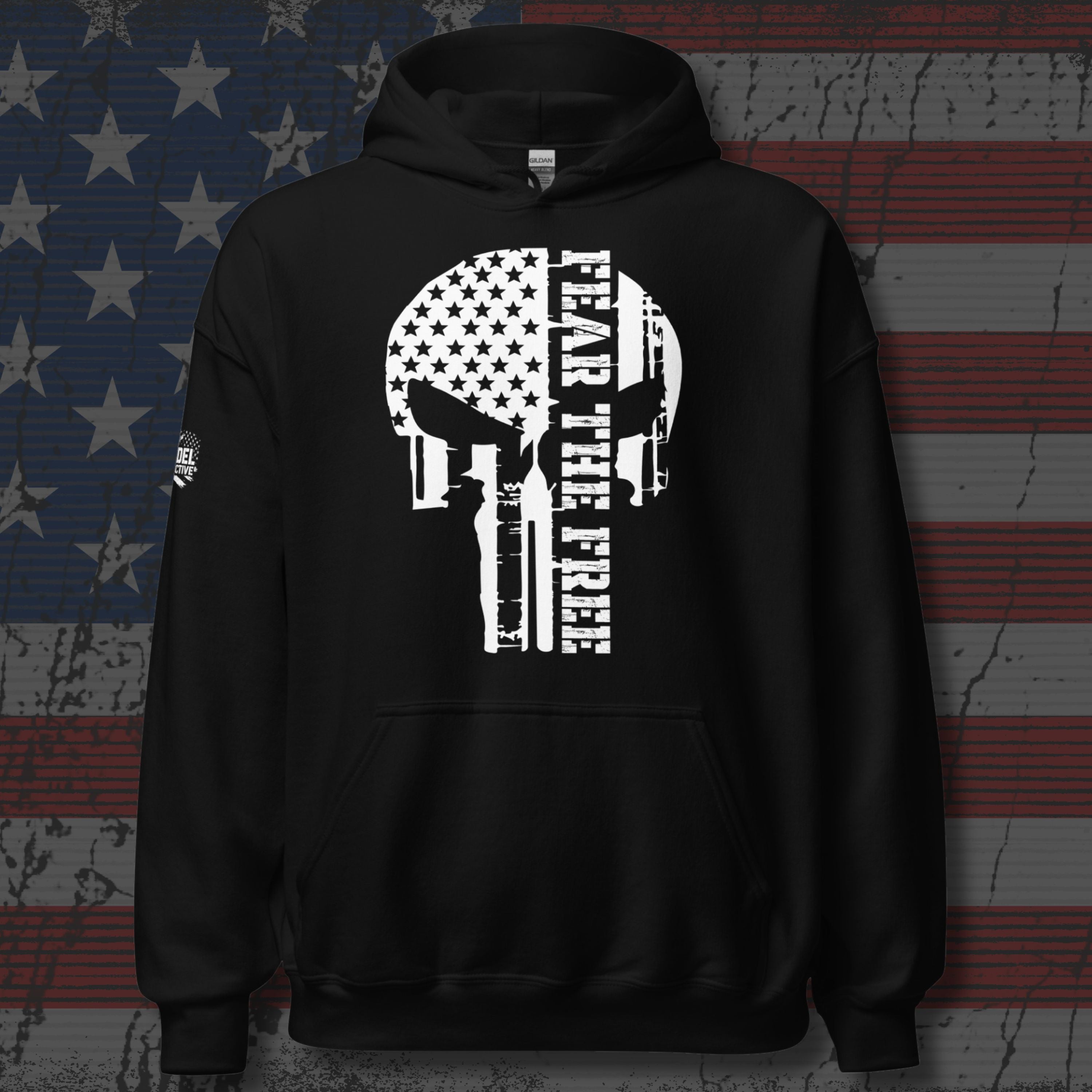 Black hoodie with a skull and American flag design on an American flag background