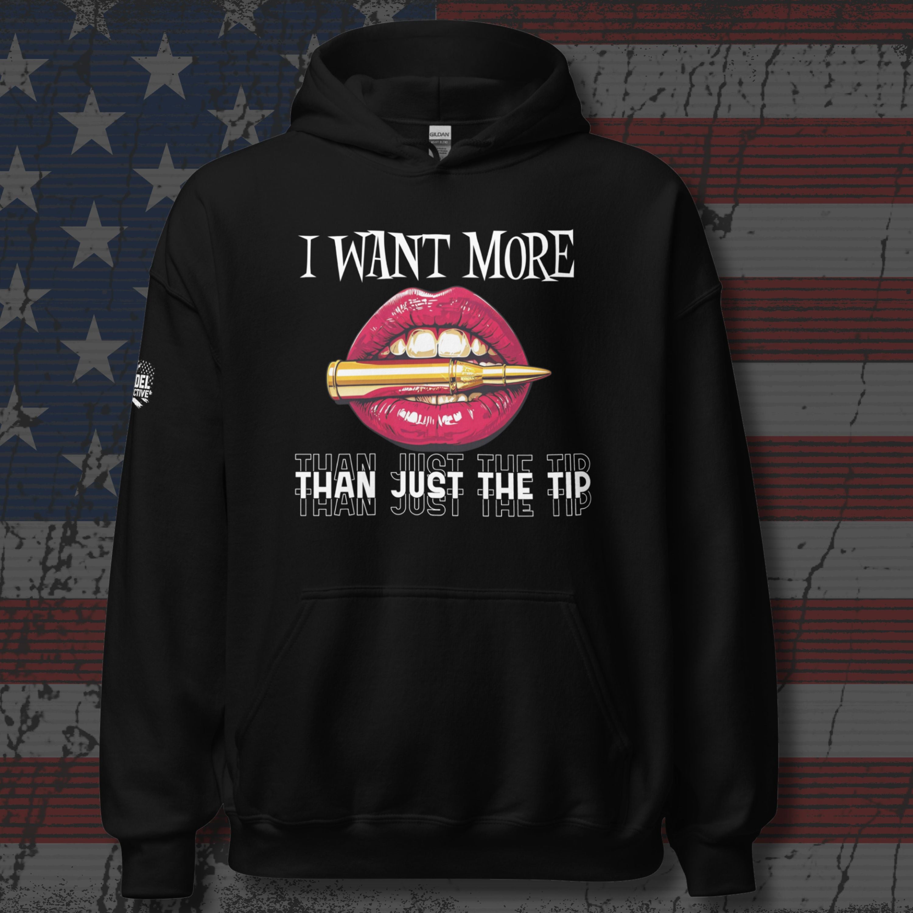 Black hoodie with graphic design and text on a textured background
