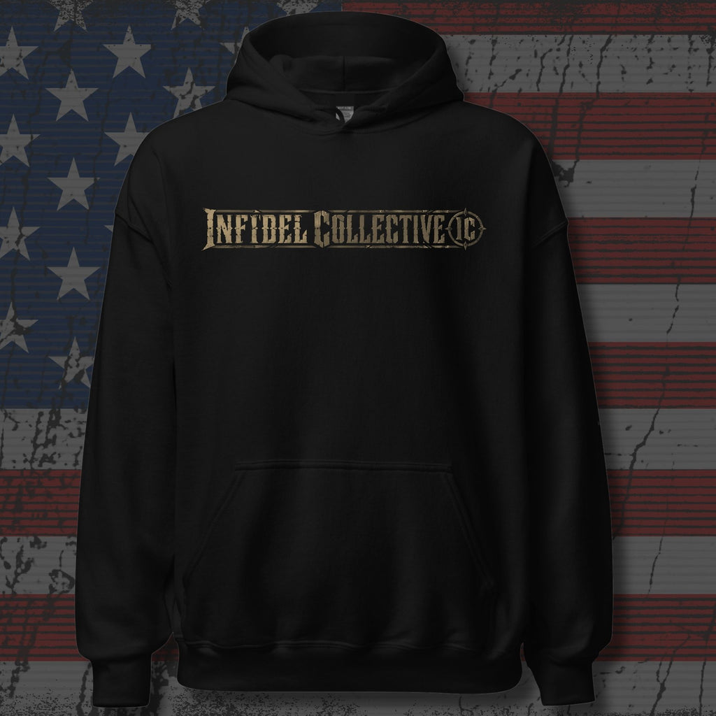 Black hoodie with 'Infidel Collective' logo on a distressed American flag background