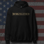 Black hoodie with 'Infidel Collective' logo on a distressed American flag background