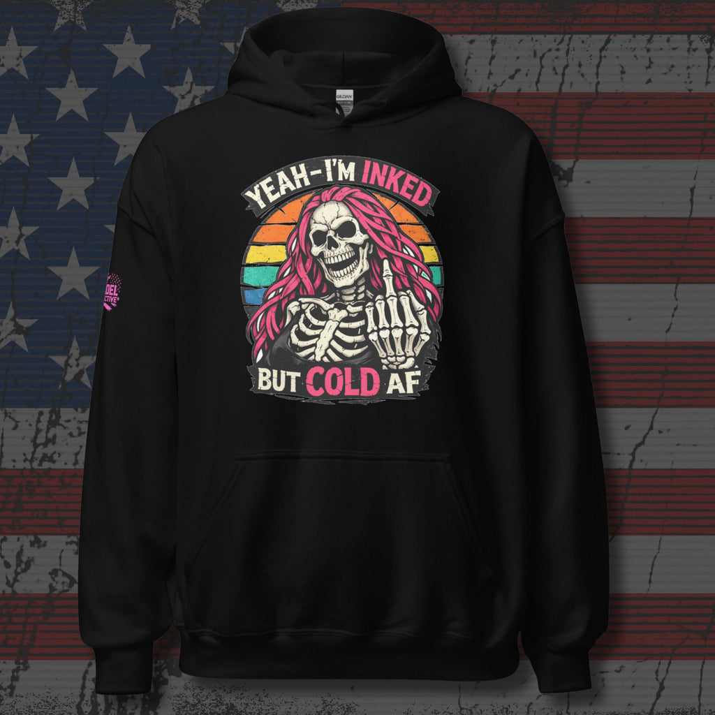 Black hoodie with skeleton design and text on an American flag background