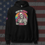 Black hoodie with skeleton design and text on an American flag background