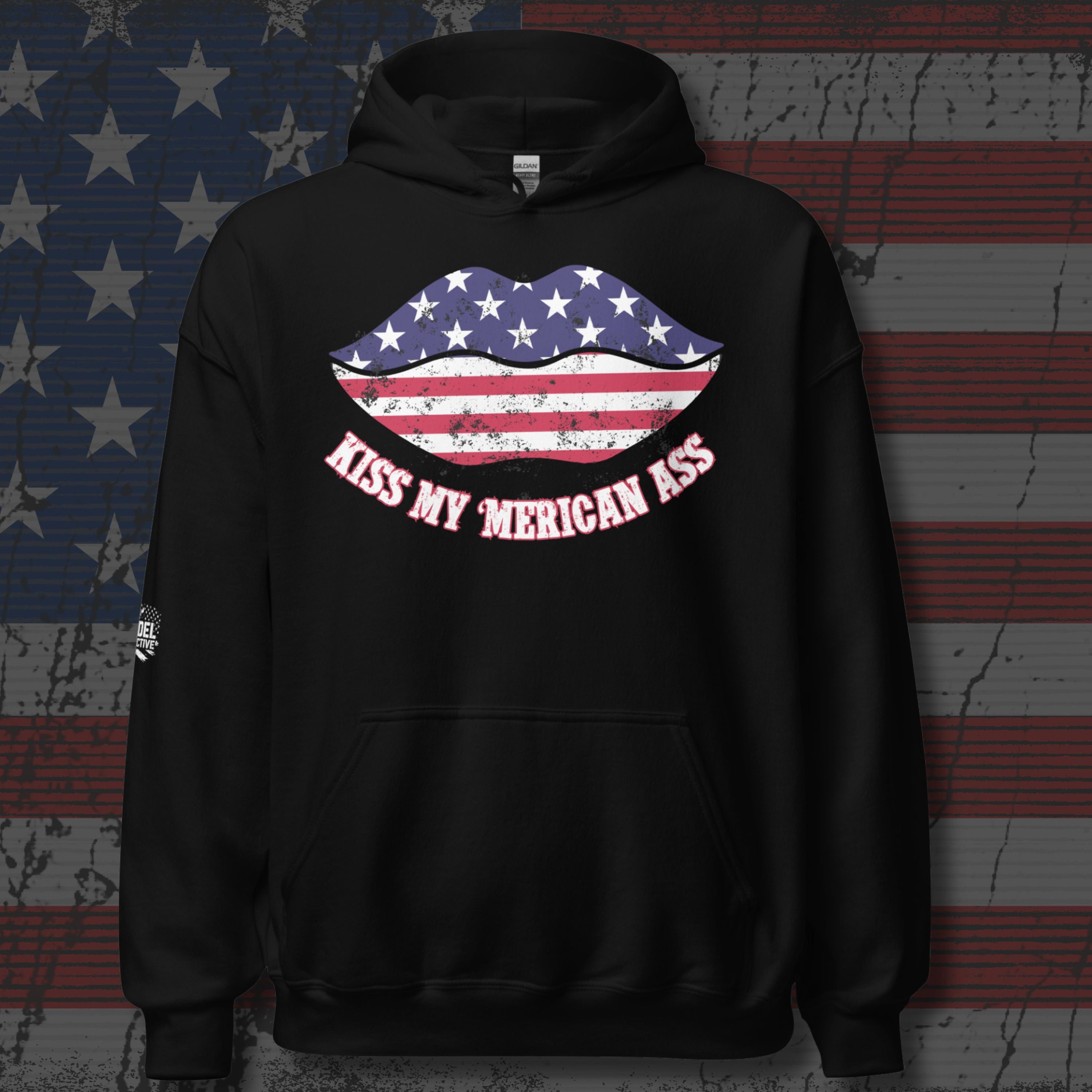 Black hoodie with American flag design and text on a textured background