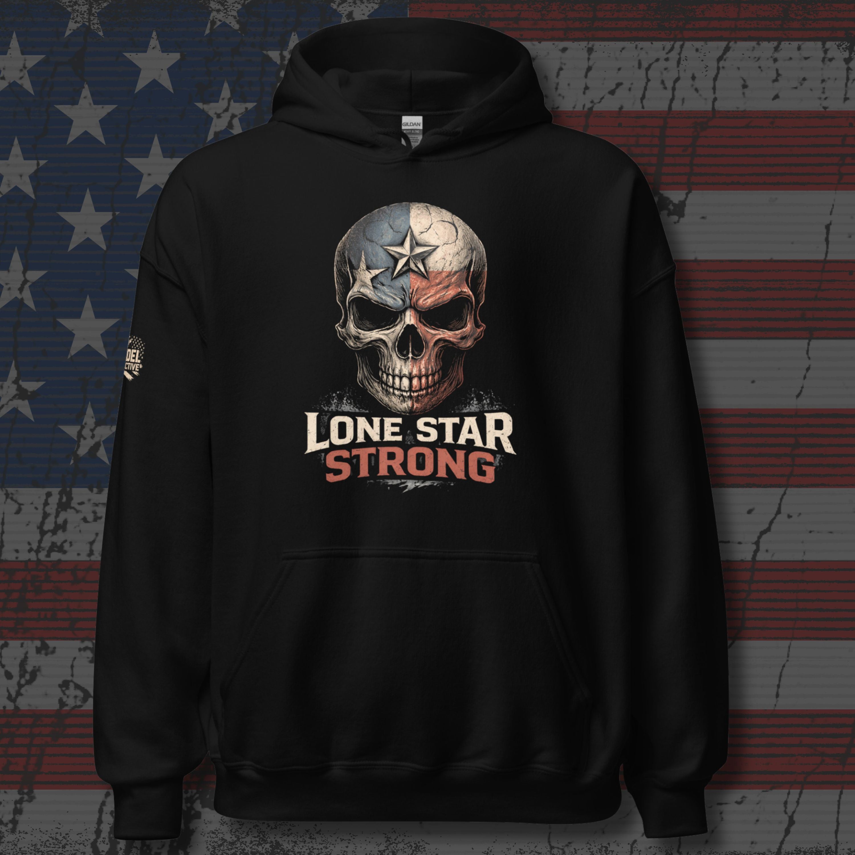 Black hoodie with skull design and 'Lone Star Strong' text on an American flag background