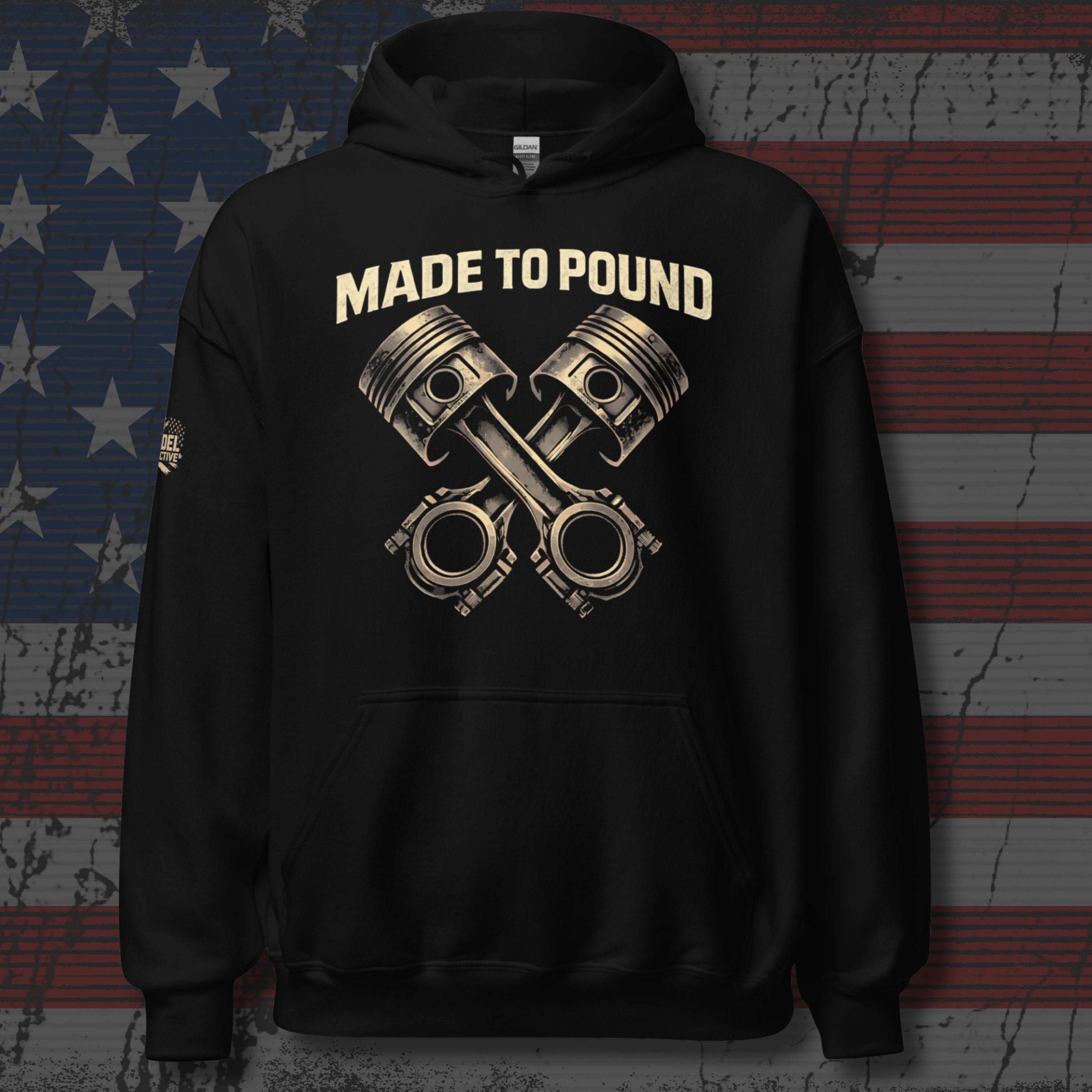 Black hoodie with 'Made to Pound' text and piston graphic on an American flag background