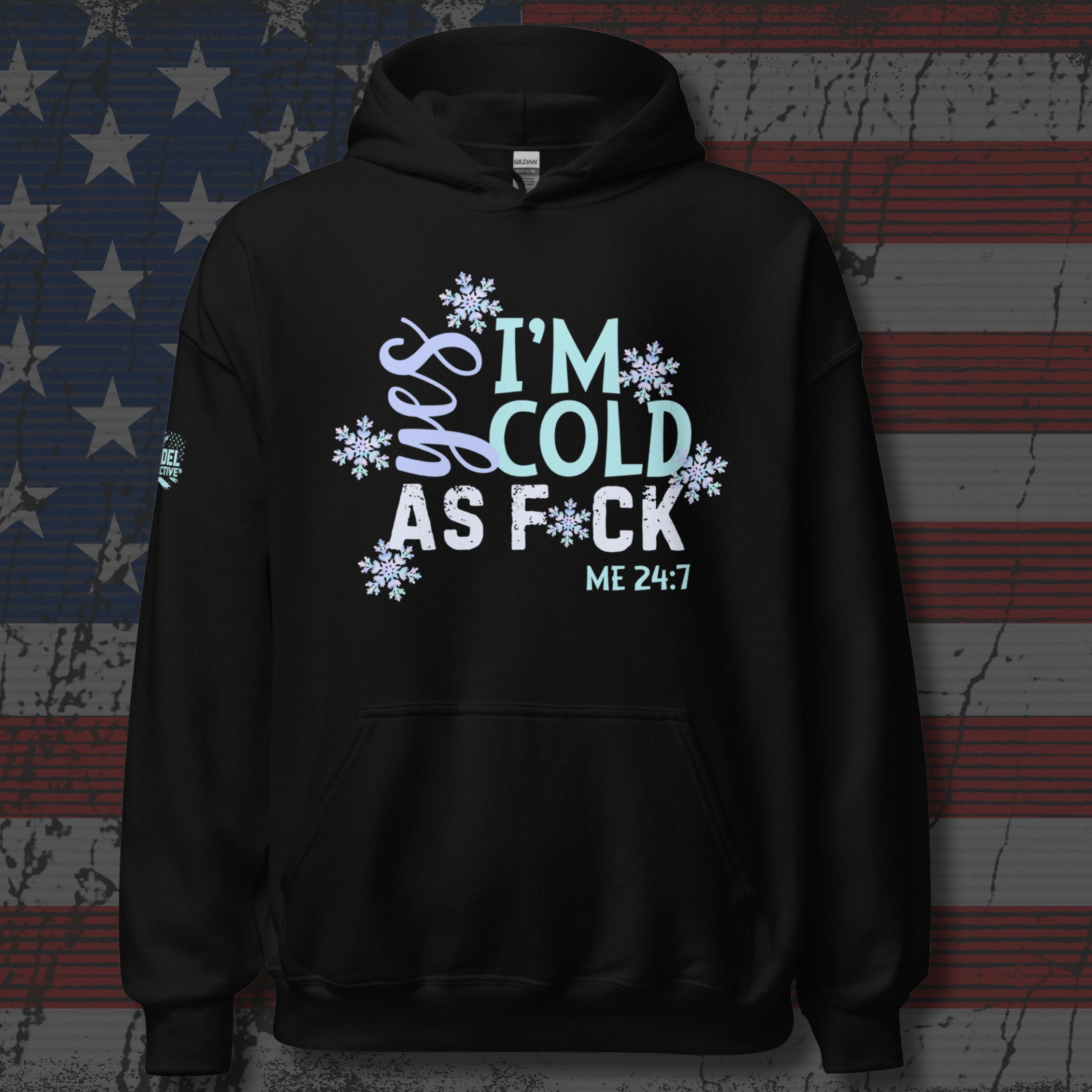 Black hoodie with text and snowflake graphics on a textured background