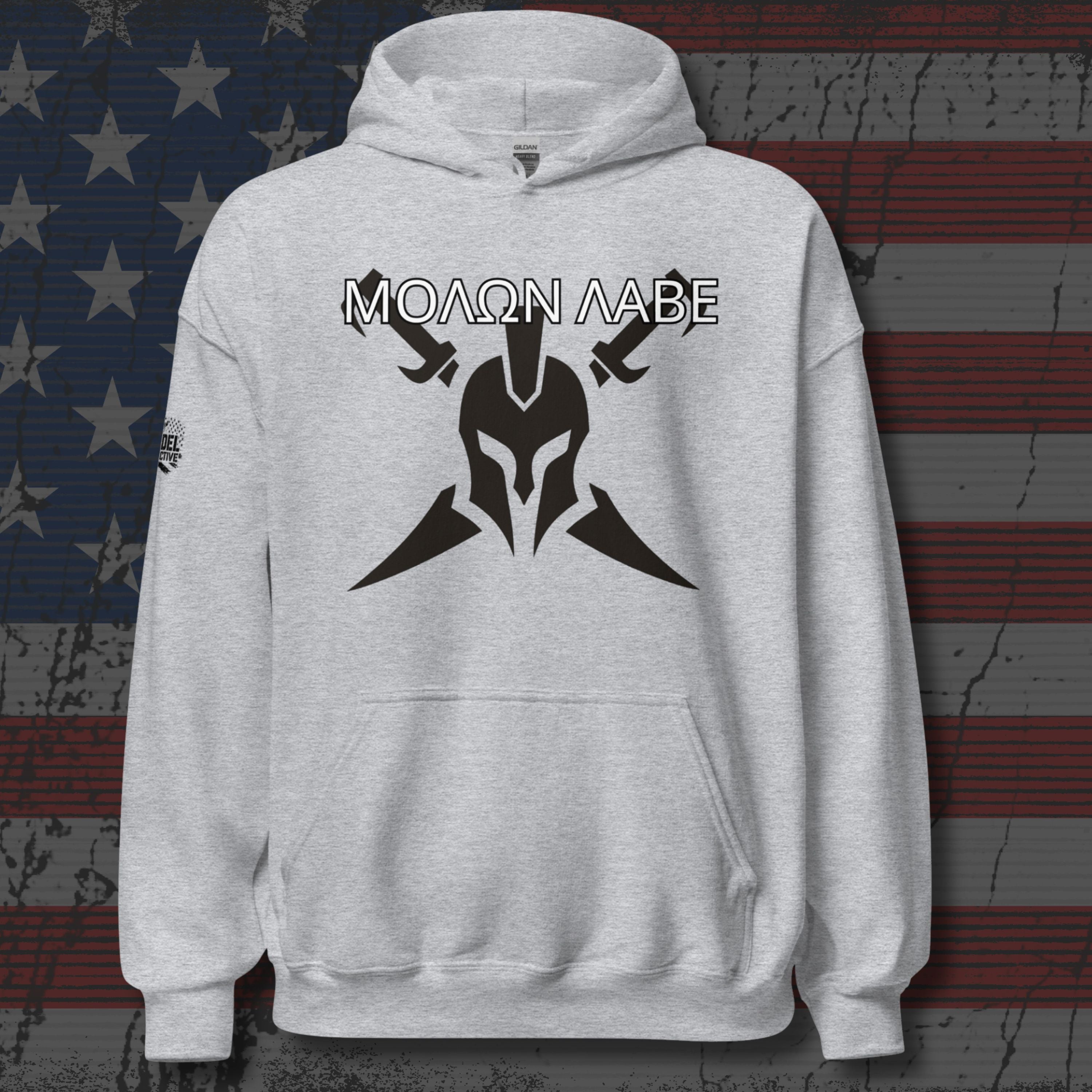Gray hoodie with black graphic design and text on an American flag background