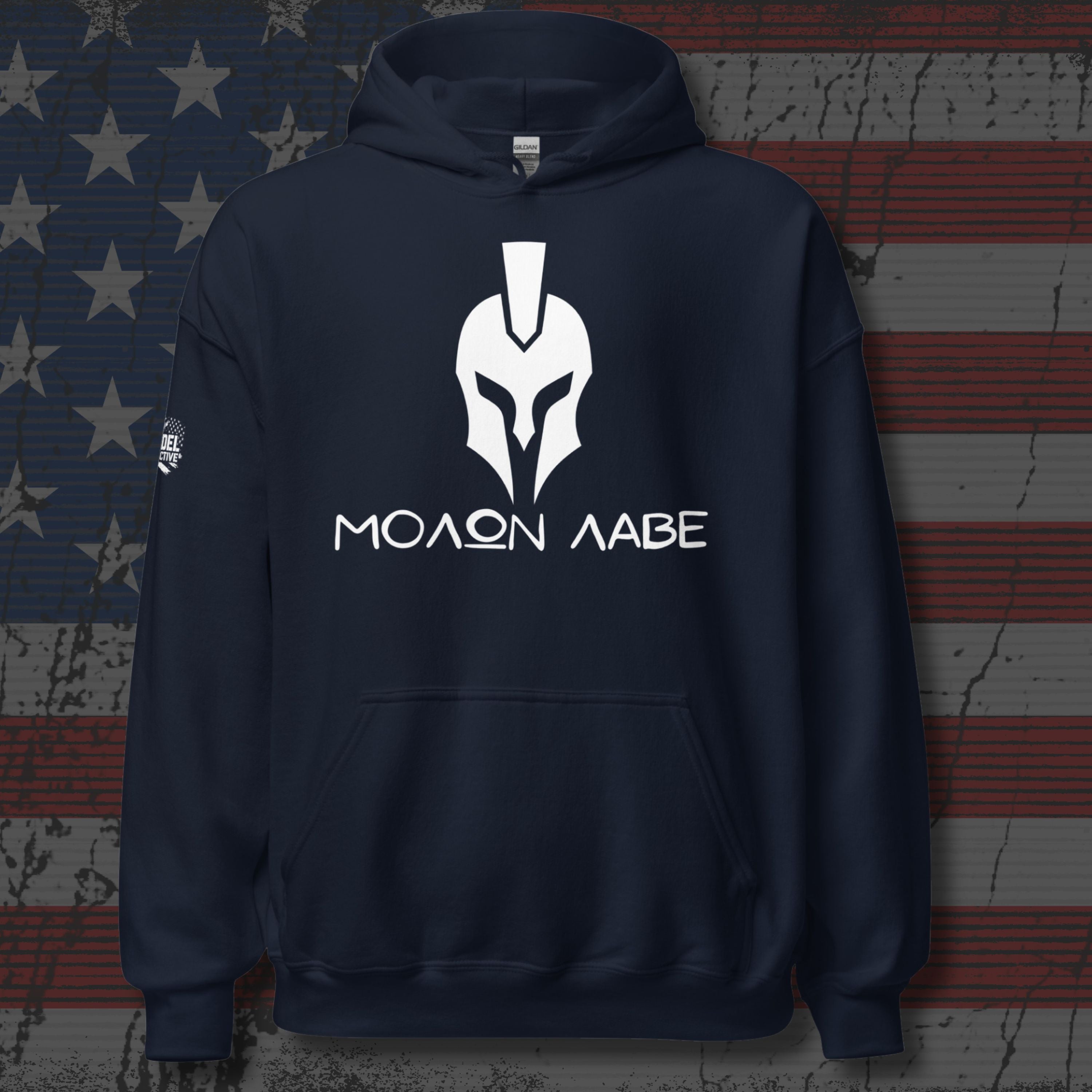 Navy blue hoodie with white Spartan helmet logo and 'Molon Labe' text on an American flag background