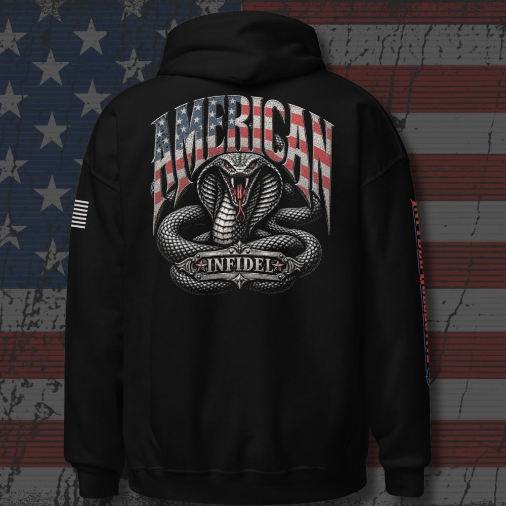 Black pullover hoodie shown from the back with a patriotic cobra and INFIDEL graphic.