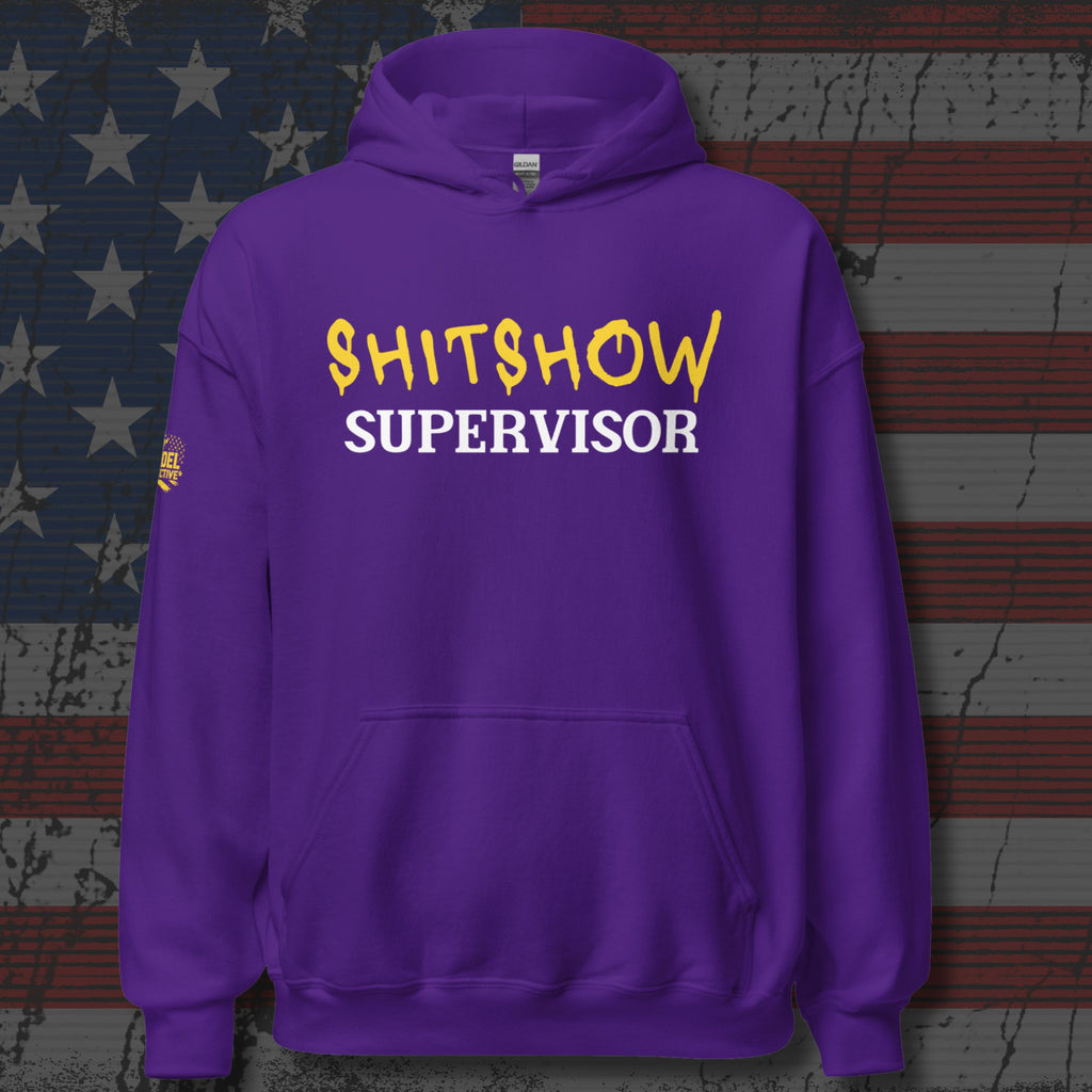 Purple hoodie with 'Shitshow Supervisor' text in yellow and white on distressed American flag background 