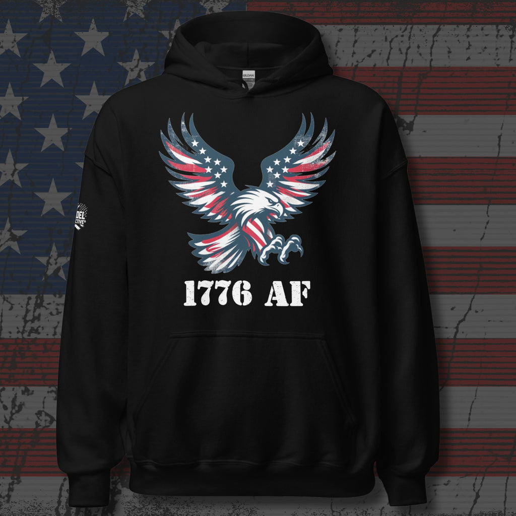 Black hoodie with '1776 AF' text on a distressed American flag background
