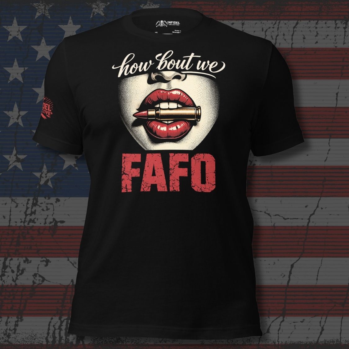 Black t-shirt with graphic design and text on an American flag background