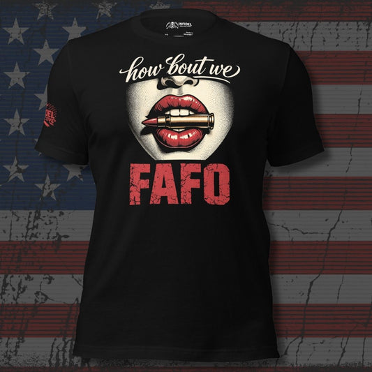 Black t-shirt with graphic design and text on an American flag background