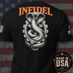 Black short-sleeve t-shirt shown from the back, featuring a large graphic of a coiled snake inside a gear with the word "INFIDEL" in orange above it. The shirt is photographed against a distressed American flag background, with a circular "Made in USA" badge overlaid in the lower right corner.