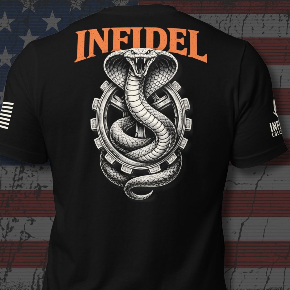 Black short-sleeve t-shirt shown from the back, featuring a large white and gray coiled snake graphic inside a gear outline, with the word "INFIDEL" in orange across the shoulders. The shirt is photographed against a distressed American flag background.