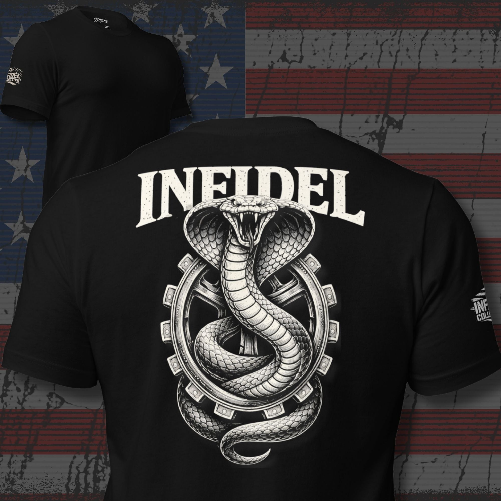 Hypnotic Gaze Infidel Cobra graphic black tee from Infidel Collective