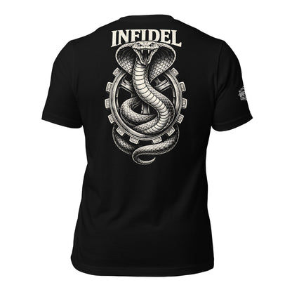 Black t-shirt with snake design and 'Infidel' text on an American flag background