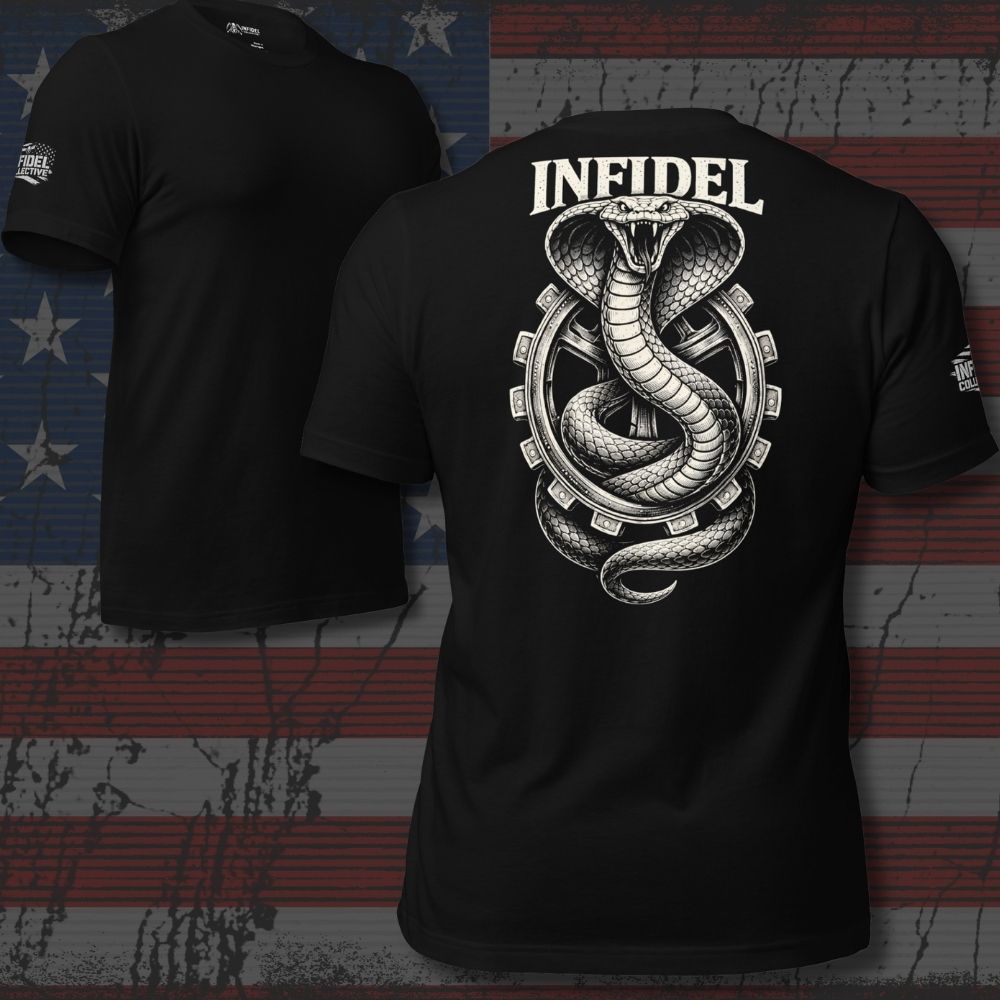 Black t-shirt with snake design and 'Infidel' text on an American flag background