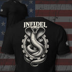 Black t-shirt with snake design and 'Infidel' text on a flag background