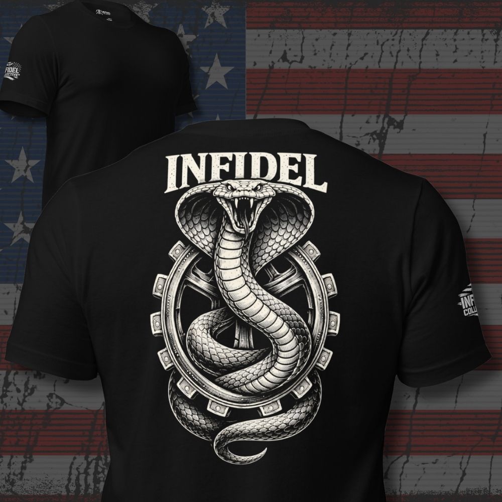 Black t-shirt with snake design and 'Infidel' text on a flag background