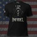 I Am Infidel shadow hooded skull design front print black tee from Infidel Collective