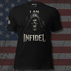 Black I Am Infidel tee with hooded reaper skull front graphic