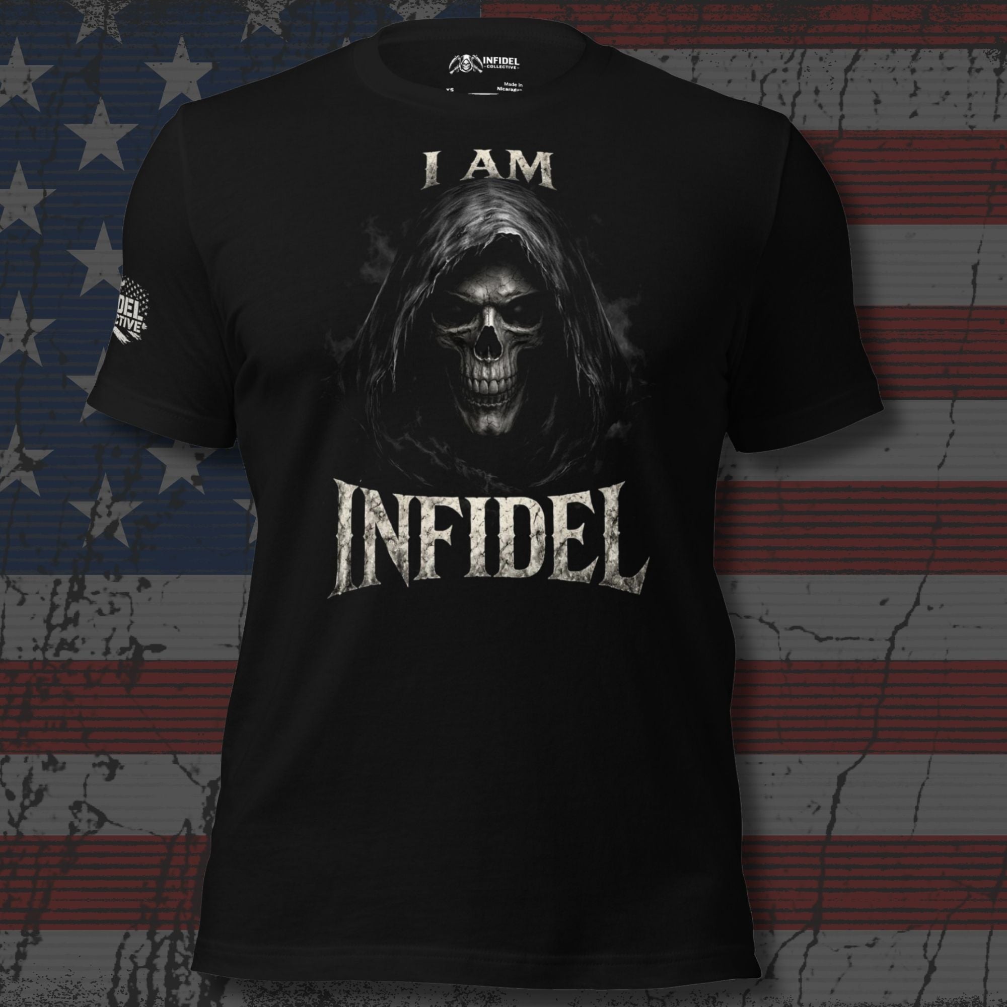Black I Am Infidel tee with hooded reaper skull front graphic