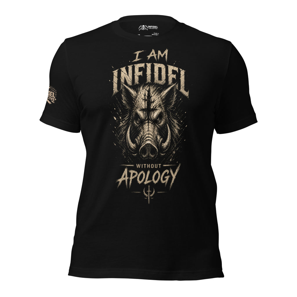 Black t-shirt with graphic design and text 'I AM INFIDEL' on a white background