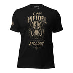Black t-shirt with graphic design and text 'I AM INFIDEL' on a white background