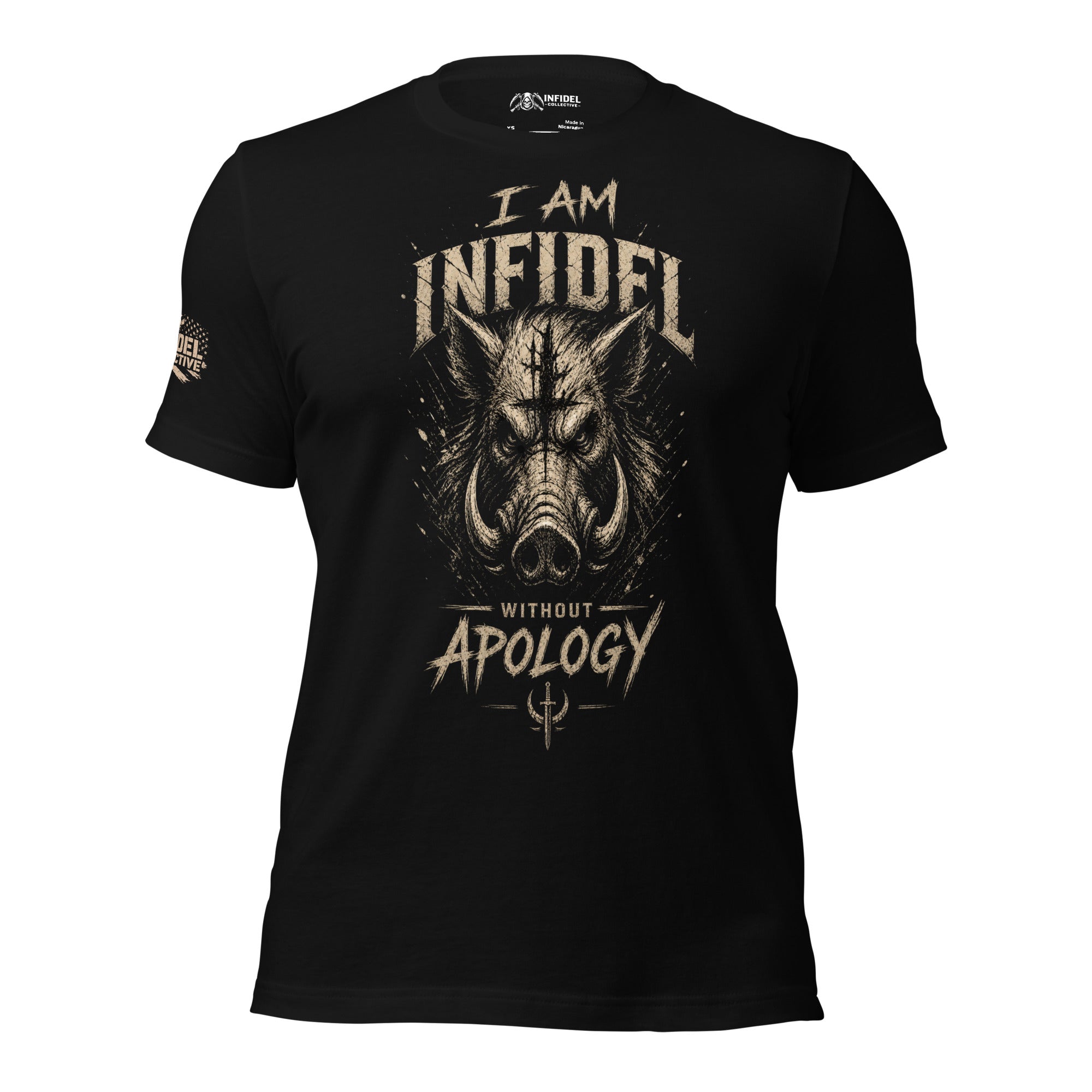Black t-shirt with graphic design and text 'I AM INFIDEL' on a white background