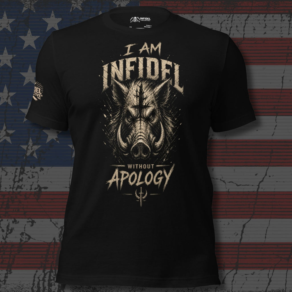 Black I Am Infidel Without Apology tee with front print featuring aggressive wild boar head graphic and Infidel text