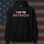 I Am the Shitshow women’s front print pink on black hoodie from Infidel Collective