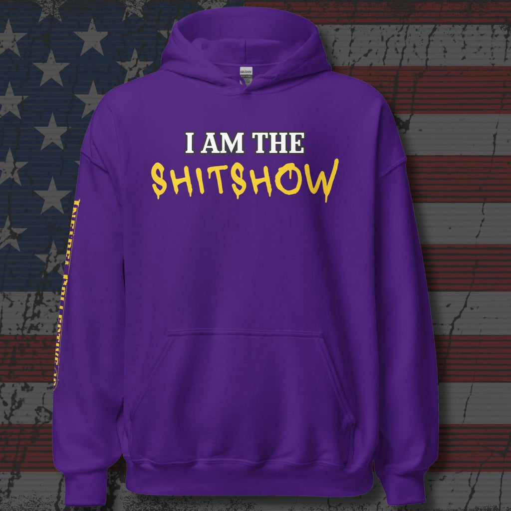 I Am the Shitshow front print yellow on purple hoodie from Infidel Collective