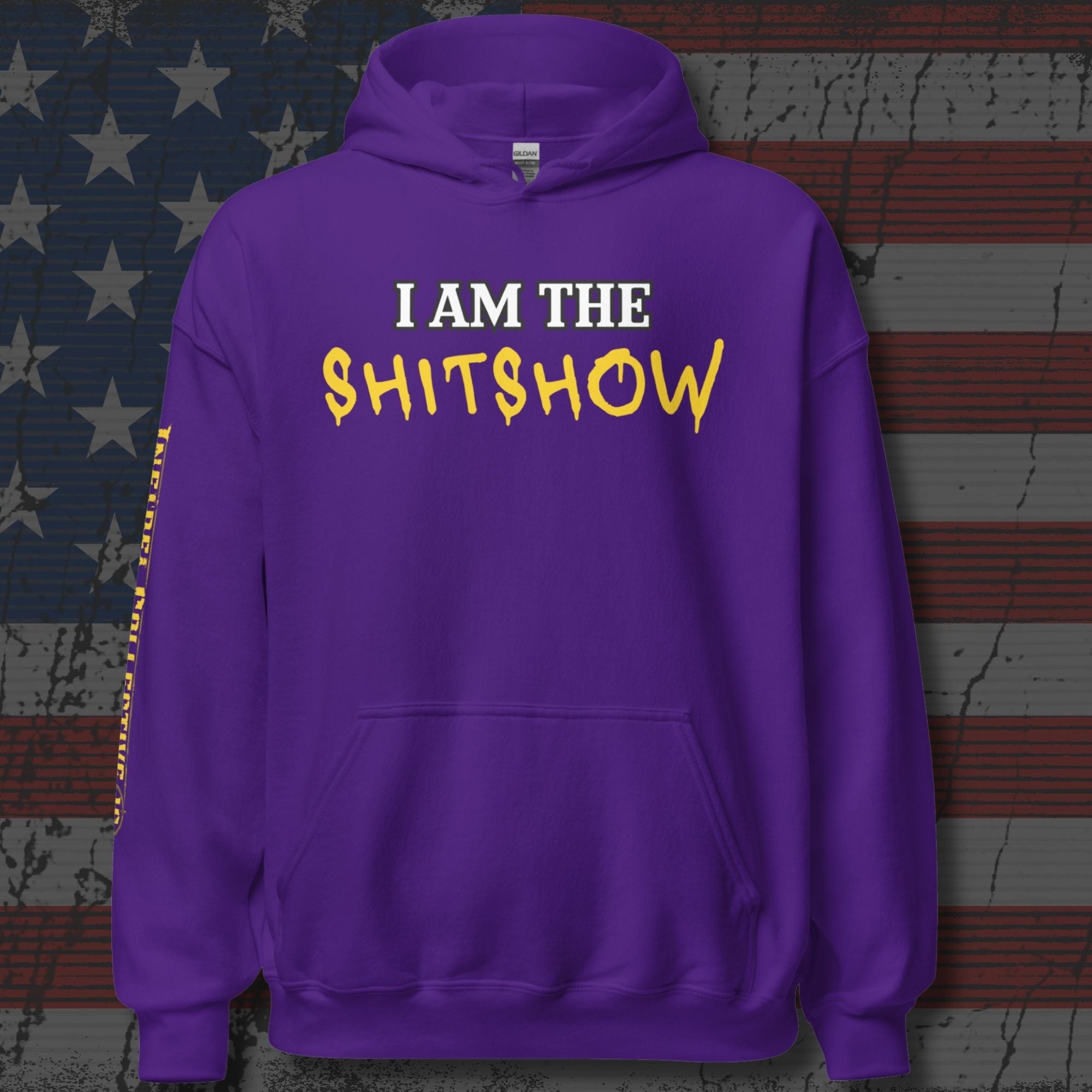 I Am the Shitshow front print yellow on purple hoodie from Infidel Collective