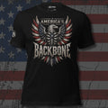 armored bald eagle with American flag wings and America's Backbone text front print black tee from Infidel Collective