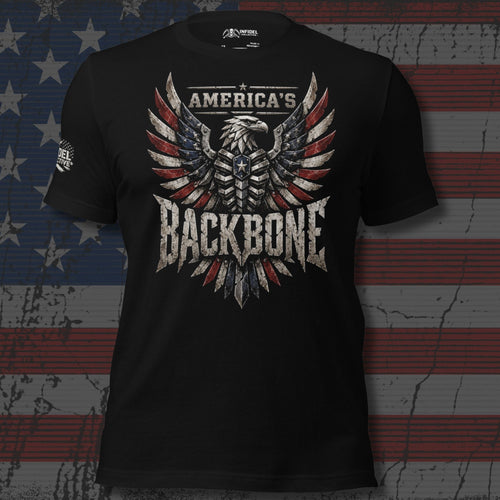 armored bald eagle with American flag wings and America's Backbone text front print black tee from Infidel Collective