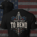 I Wasn't Built to Bend steel spine and crossbeam design back print black tee from Infidel Collective