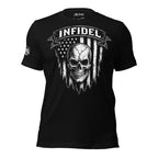 Black t-shirt featuring distressed American flag artwork with skull graphic and Infidel banner text