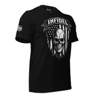 Black t-shirt featuring distressed American flag artwork with skull graphic and Infidel banner text