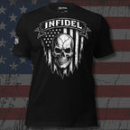 Black t-shirt featuring distressed American flag artwork with skull graphic and Infidel banner text