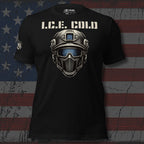 Ice Cold front print tee with tactical helmet and visor graphic on black shirt