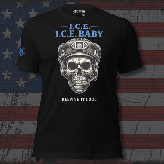 Black t-shirt with skull design and text on an American flag background