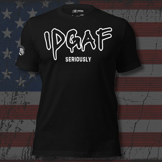 Black t-shirt with 'IPGF SERIOUSLY' text on a distressed American flag background