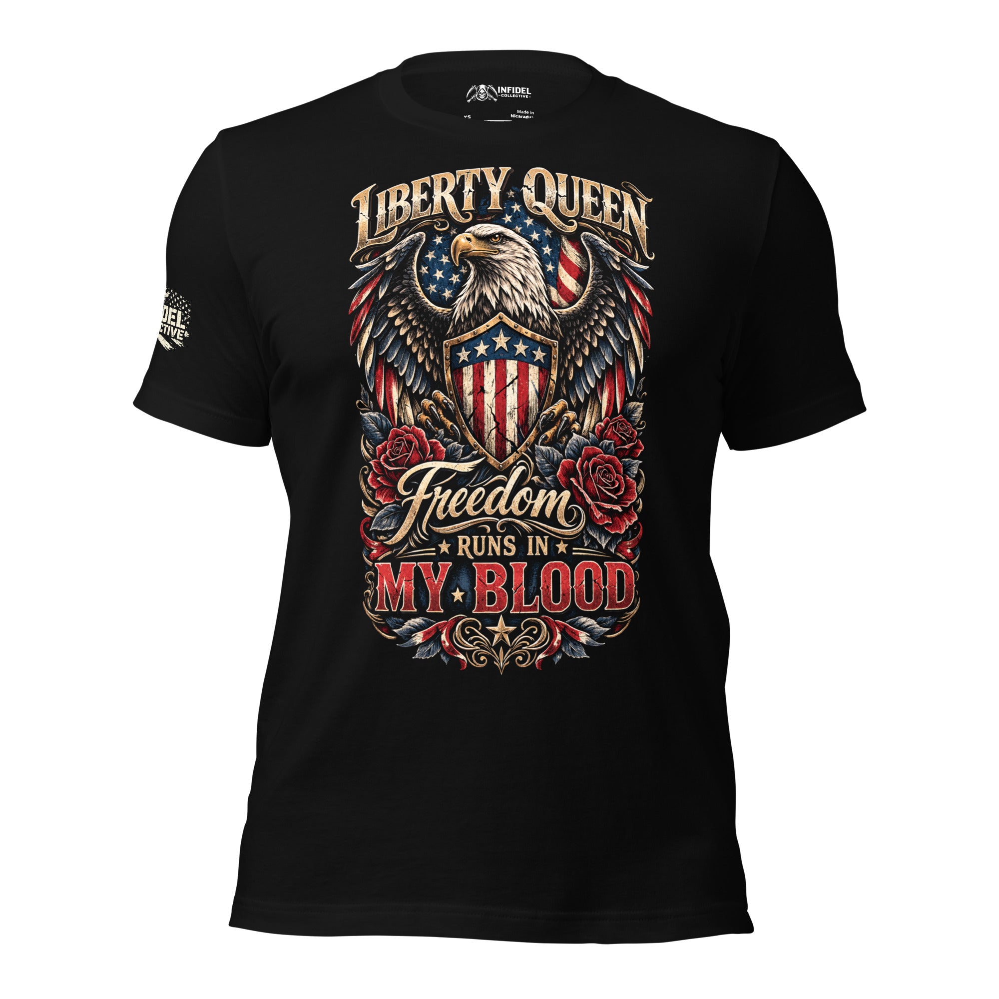 Black t-shirt with an eagle design and text on a white background