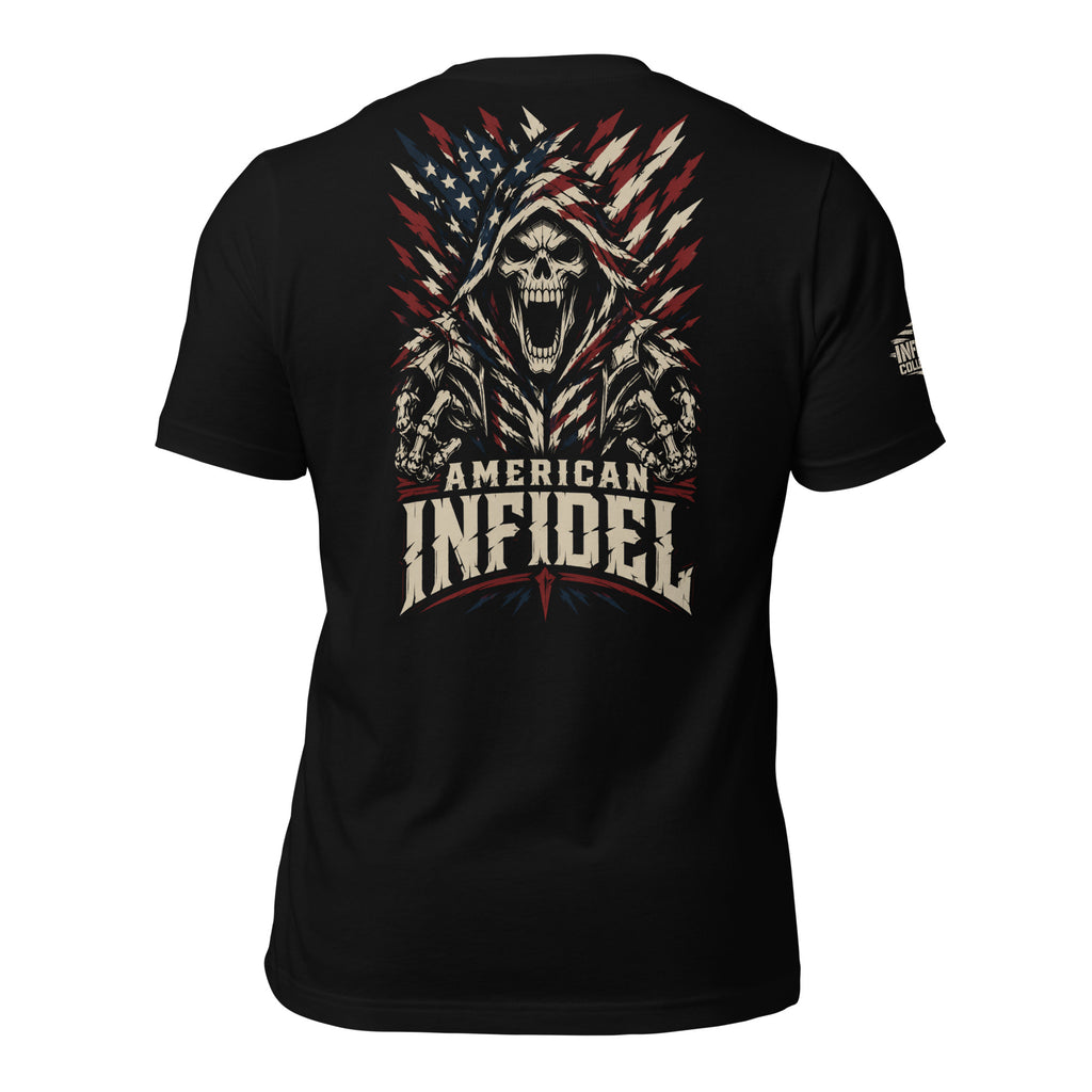 Black t-shirt with 'American Infidel' graphic design on a white background