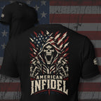 ghosted black tee with text 'AMERICAN INFIDEL' below an icon of red, bone white and blue screaming reaper and shards of the USA flag. 