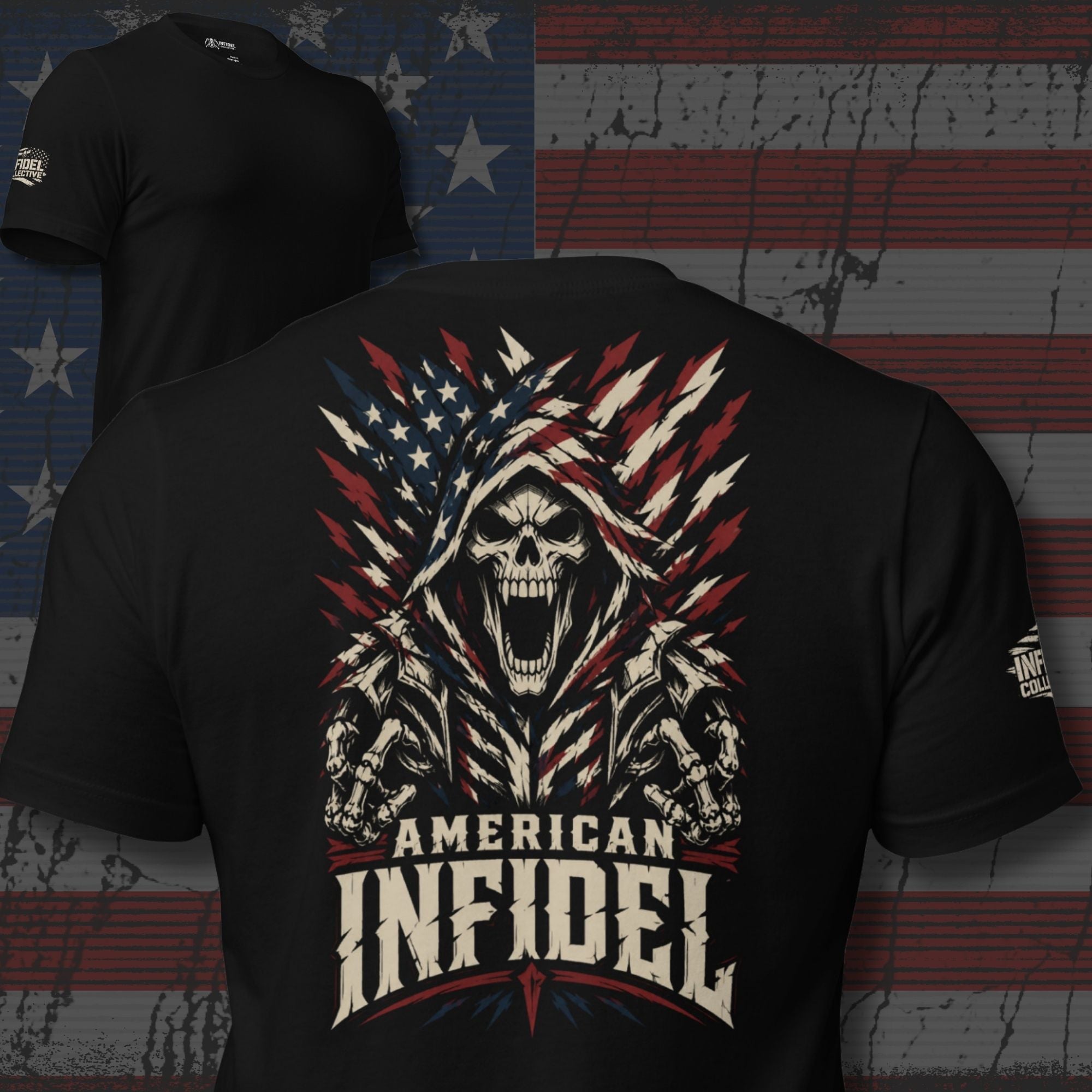 ghosted black tee with text 'AMERICAN INFIDEL' below an icon of red, bone white and blue screaming reaper and shards of the USA flag. 