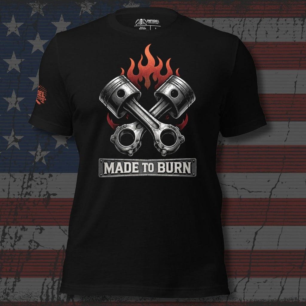 Made to Burn crossed pistons flame graphic black tee from Infidel Collective